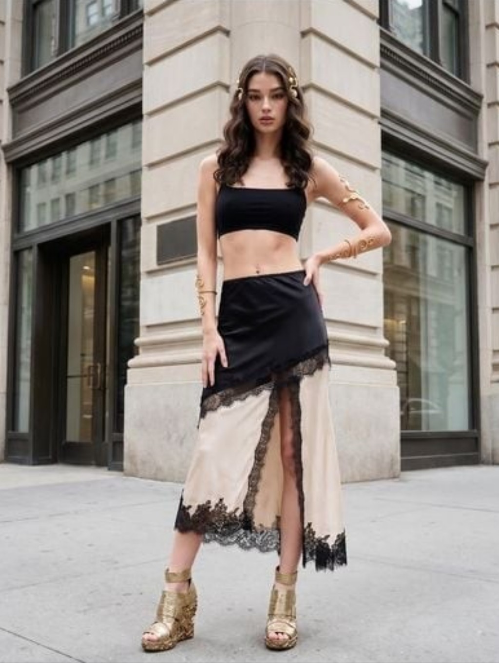 Modenaire Lace Trim Asymmetric Satin Midi Skirt With Contrast Panel Size M